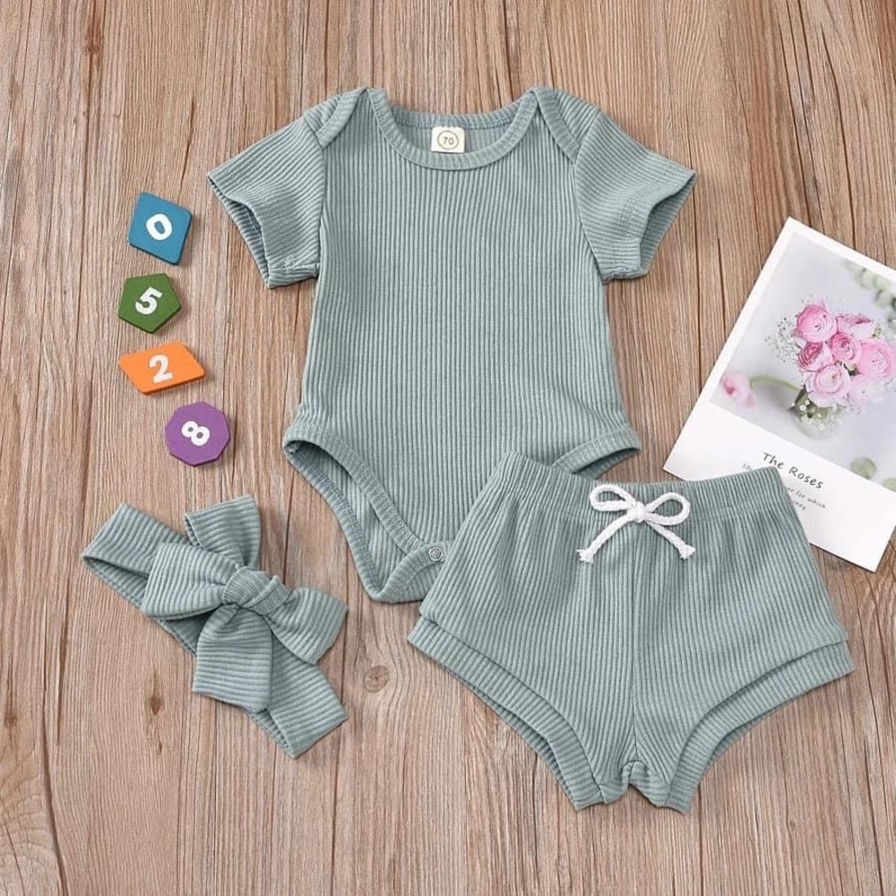 3 piece ribbed short and onsie set headband bow new